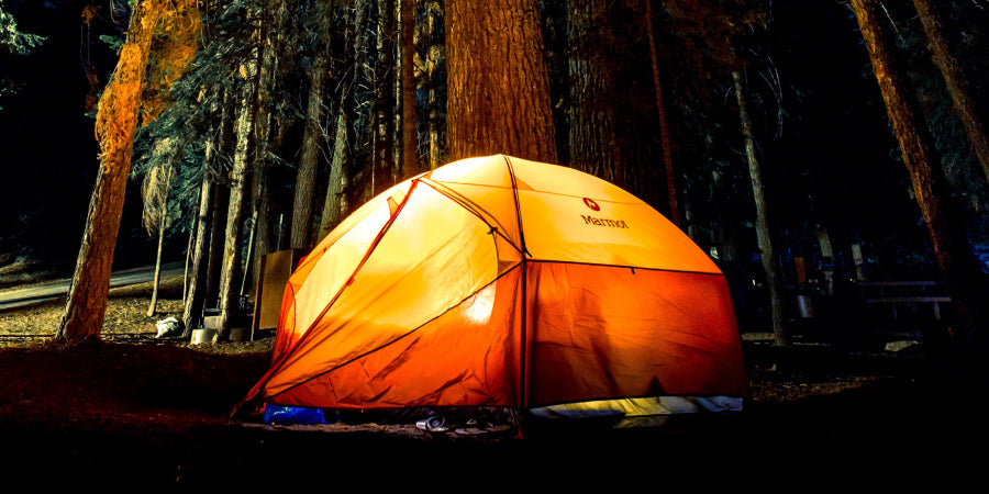 tent with lights at night