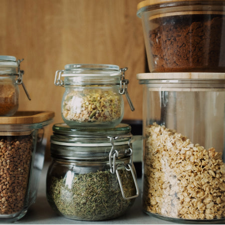 Food staples stored in glass jars