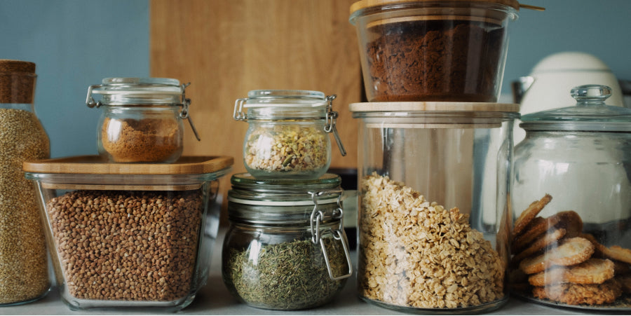 Food staples stored in glass jars