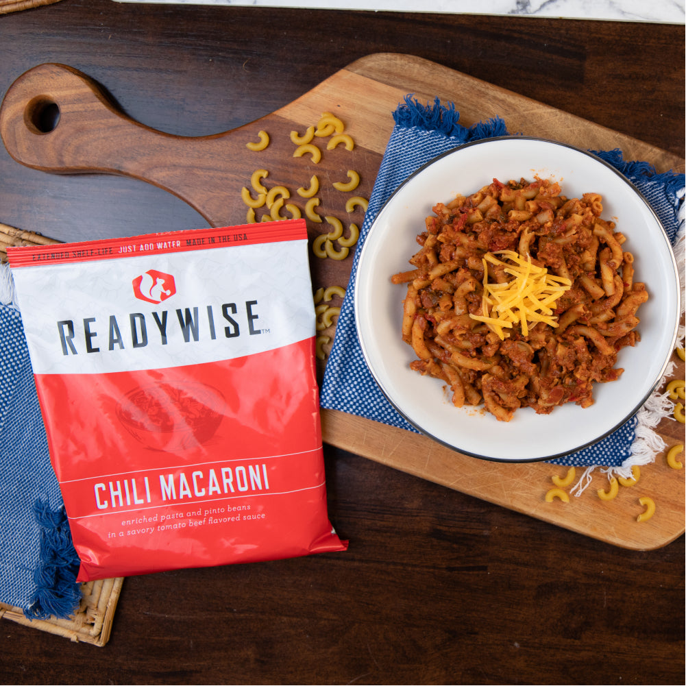 Readywise Emergency Food Supply's Chili Mac prepared on a plate